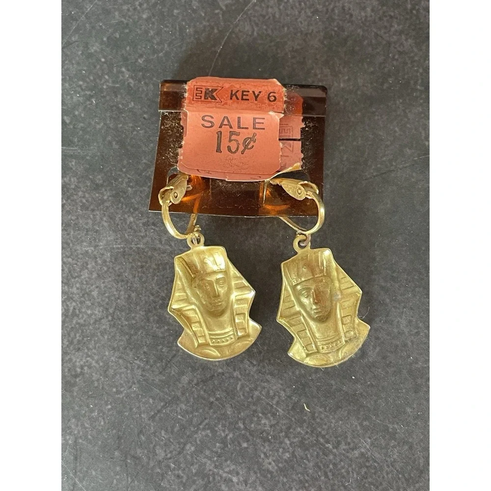 Vintage Gold Tone Blue Accent King Tut Earrings Clip On